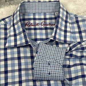 Robert Graham Shirt Mens 18-20  Blue Check Plaid Flip Cuff Long Sleeve XL‎